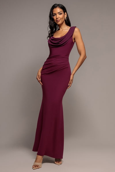 Cowl Neck One Shoulder Scuba & Chiffon Maxi Dress - Plum by Goddiva