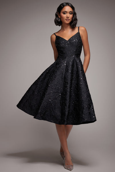 Jacquard Sleeveless A-line Midi Dress - Black