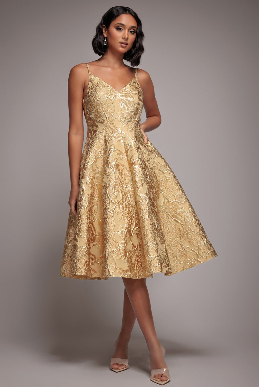 Jacquard Sleeveless A-line Midi Dress - Gold DR4163