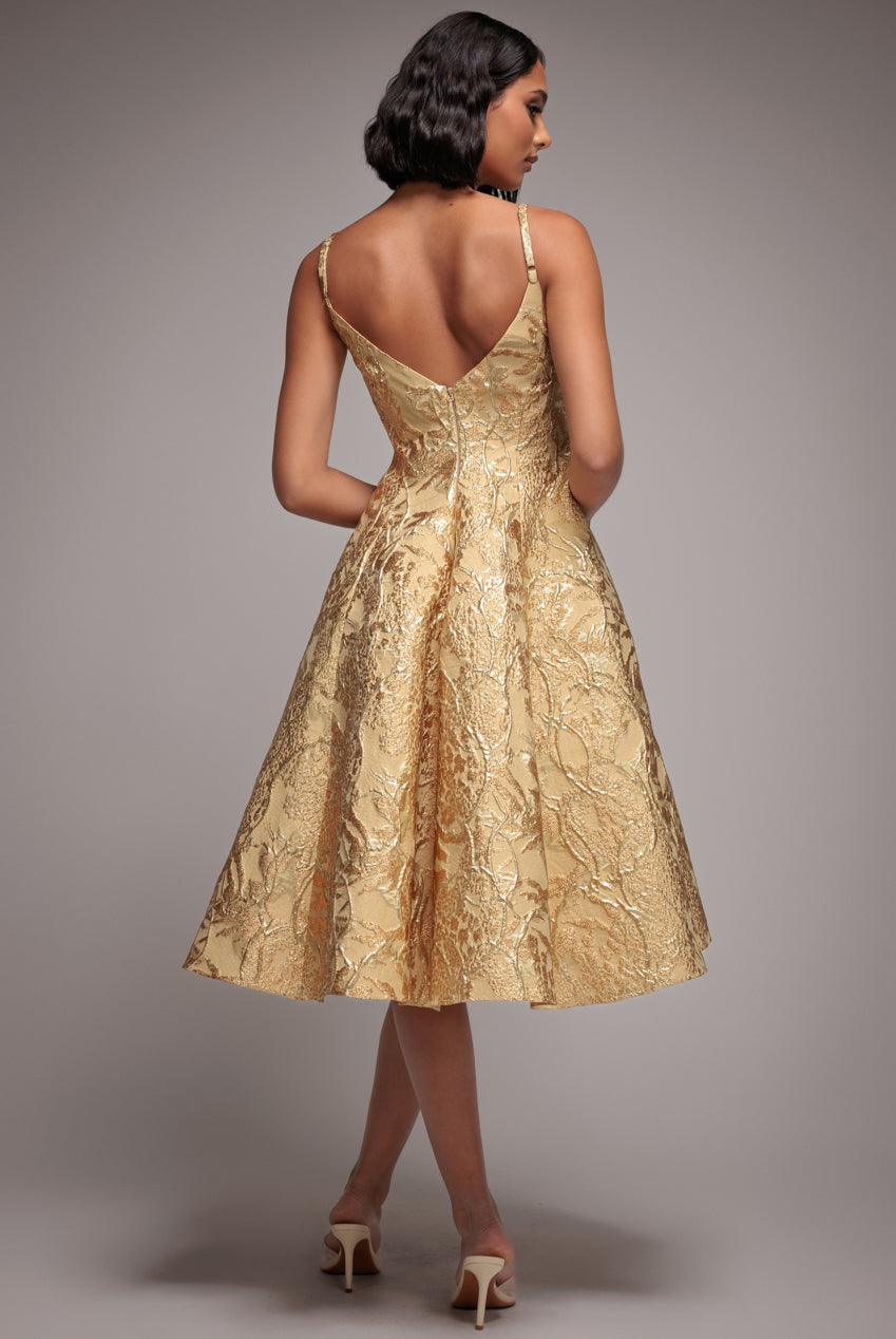 Jacquard Sleeveless A-line Midi Dress - Gold DR4163