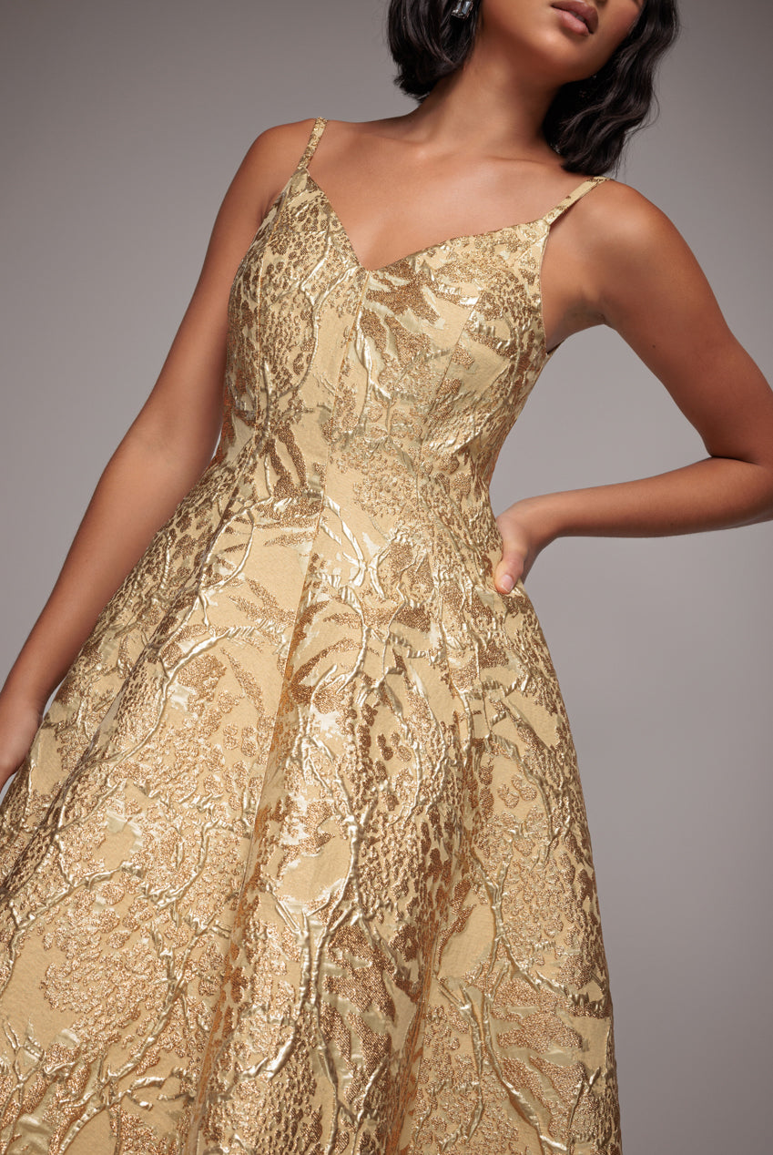 Jacquard Sleeveless A-line Midi Dress - Gold DR4163