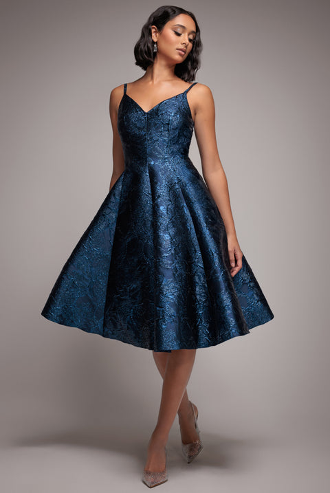 Jacquard Sleeveless A-line Midi Dress - Navy Blue by Goddiva