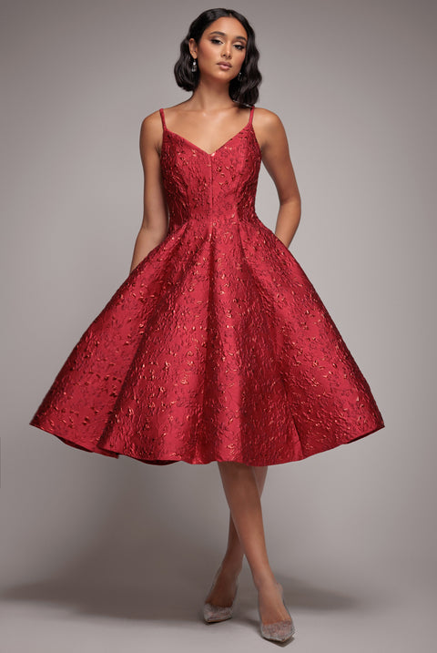 Jacquard Sleeveless A-line Midi Dress - Red by Goddiva