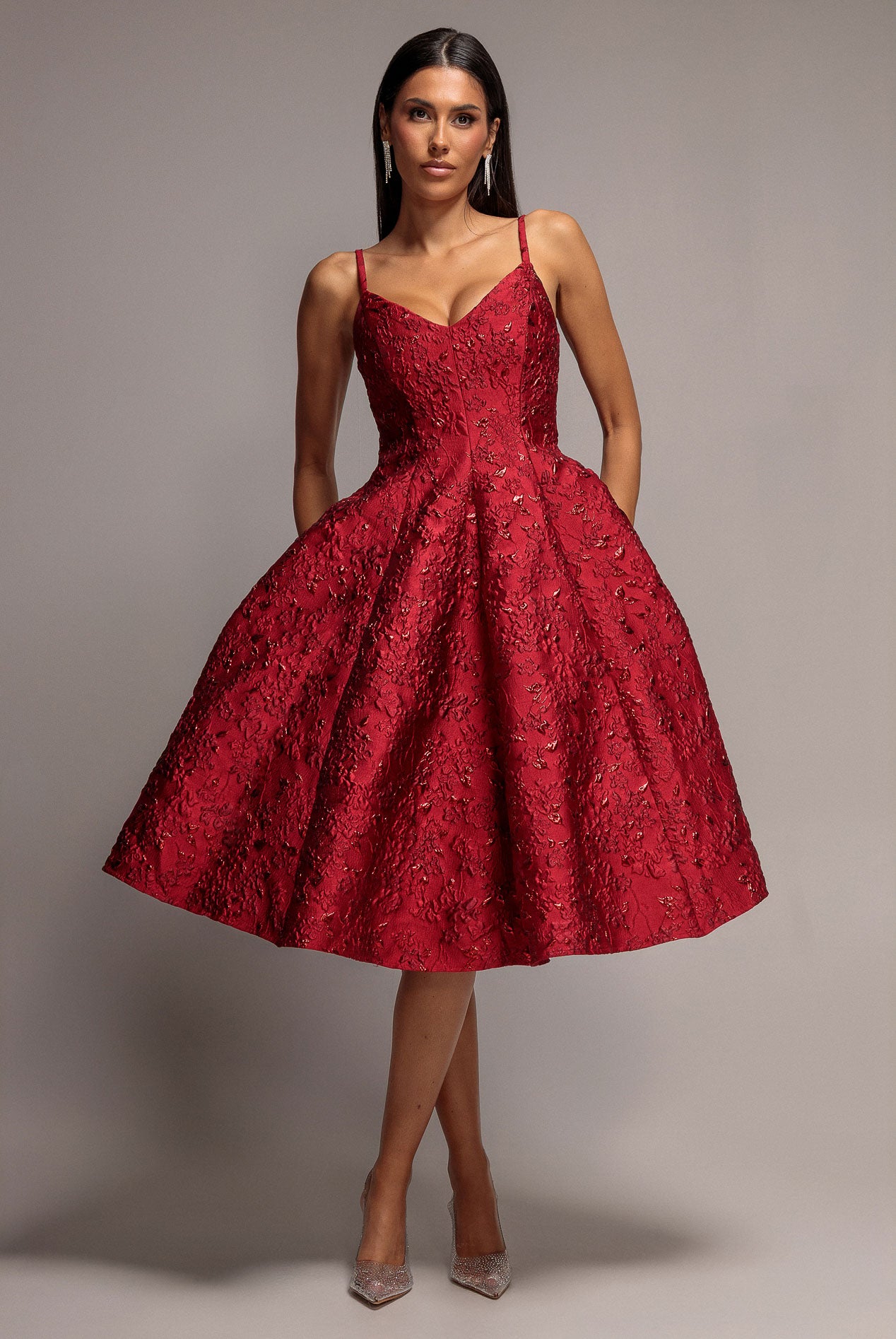 Jacquard Sleeveless A-line Midi Dress - Red DR4163