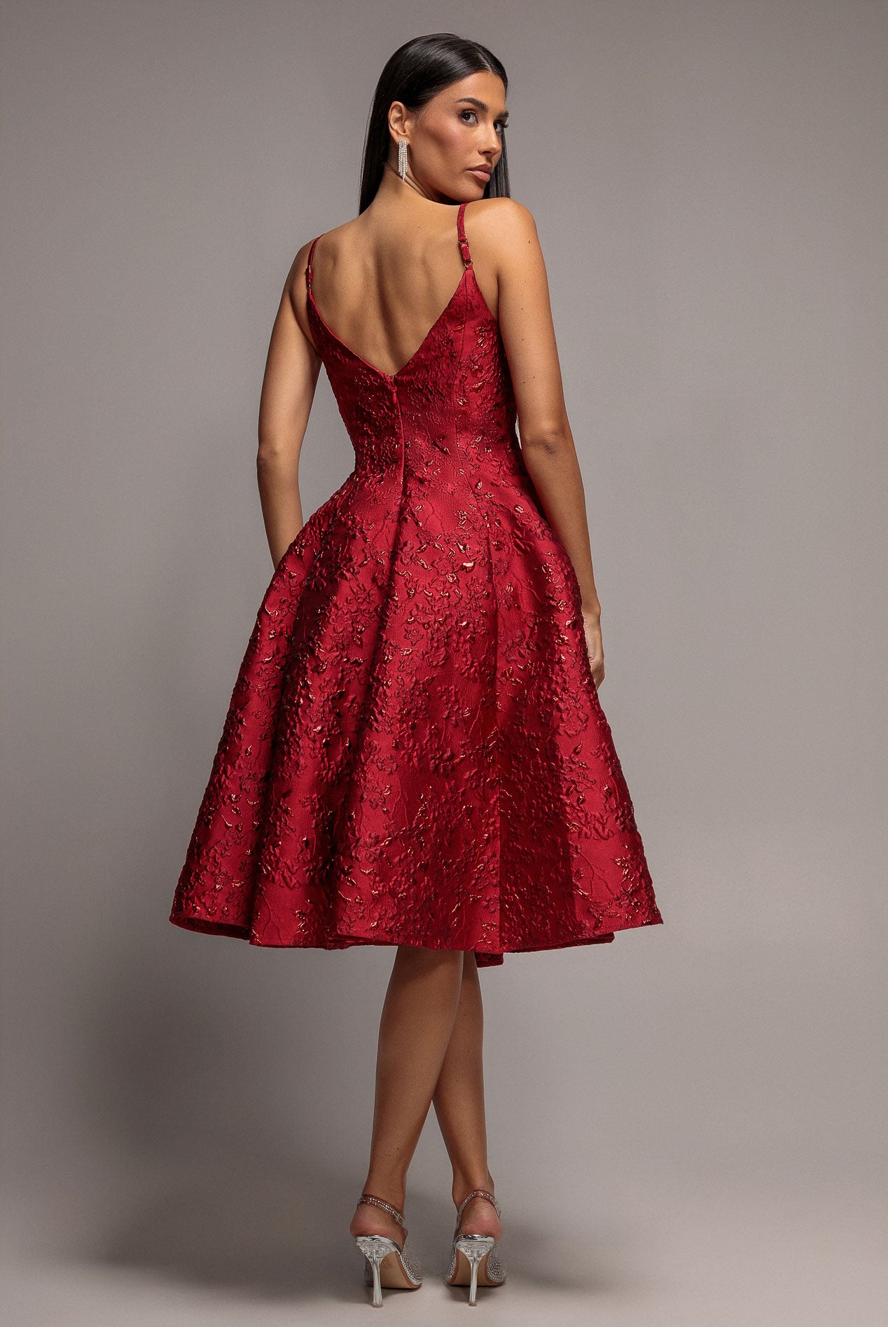 Jacquard Sleeveless A-line Midi Dress - Red DR4163