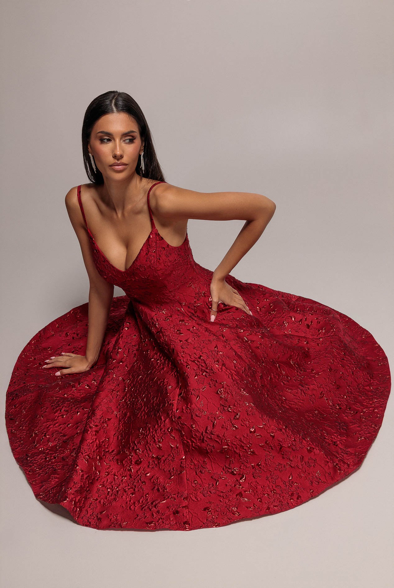 Jacquard Sleeveless A-line Midi Dress - Red DR4163