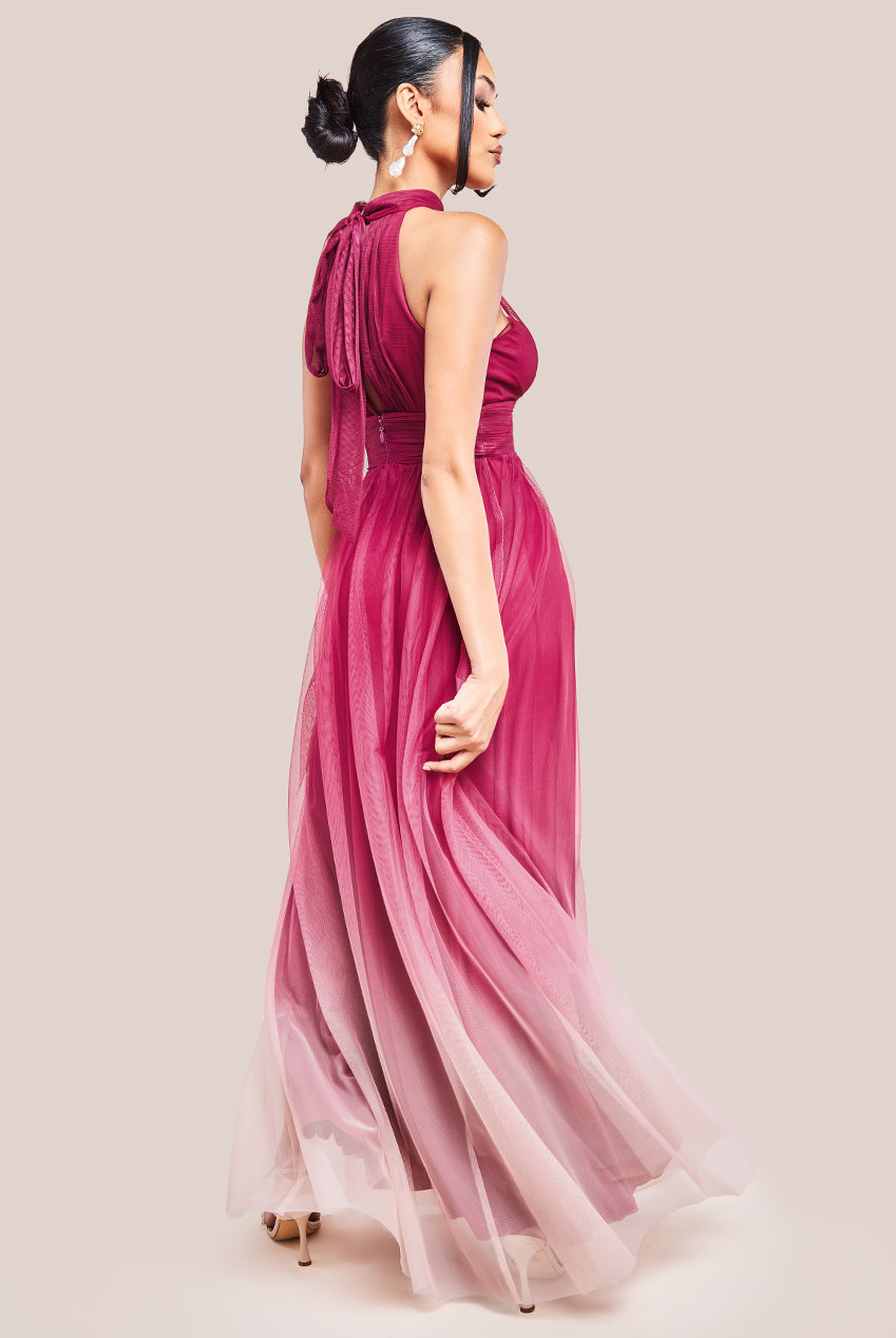 Dobby Mesh Halter Neck Mesh Ombre Maxi Dress - Magenta Ombre DR4181