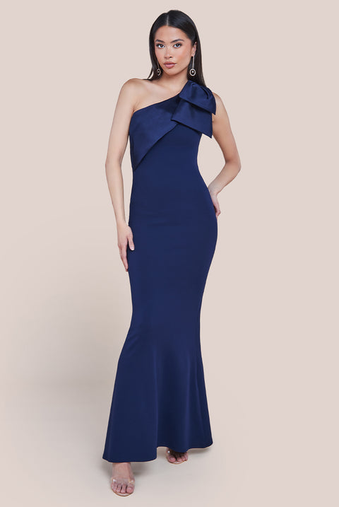 One Shoulder Satin Bow Scuba Crepe Maxi Dress - Navy by Goddiva