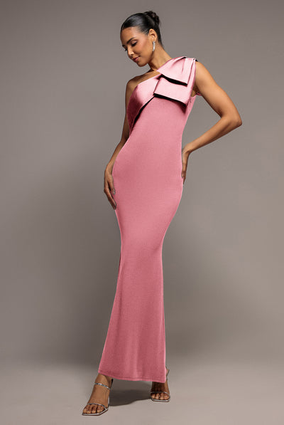 One Shoulder Satin Bow Scuba Crepe Maxi Dress - Blush by Goddiva