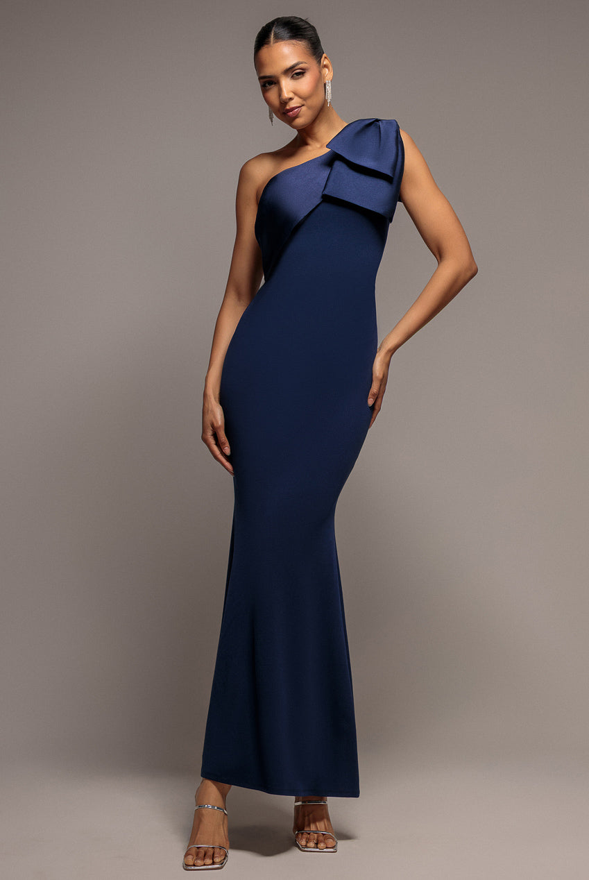 One Shoulder Satin Bow Scuba Crepe Maxi Dress - Navy DR4183