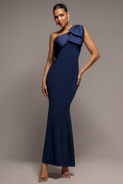 One Shoulder Satin Bow Scuba Crepe Maxi Dress - Navy by Goddiva