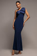 One Shoulder Satin Bow Scuba Crepe Maxi Dress - Navy by Goddiva