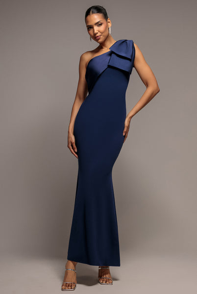 One Shoulder Satin Bow Scuba Crepe Maxi Dress - Navy | Goddiva
