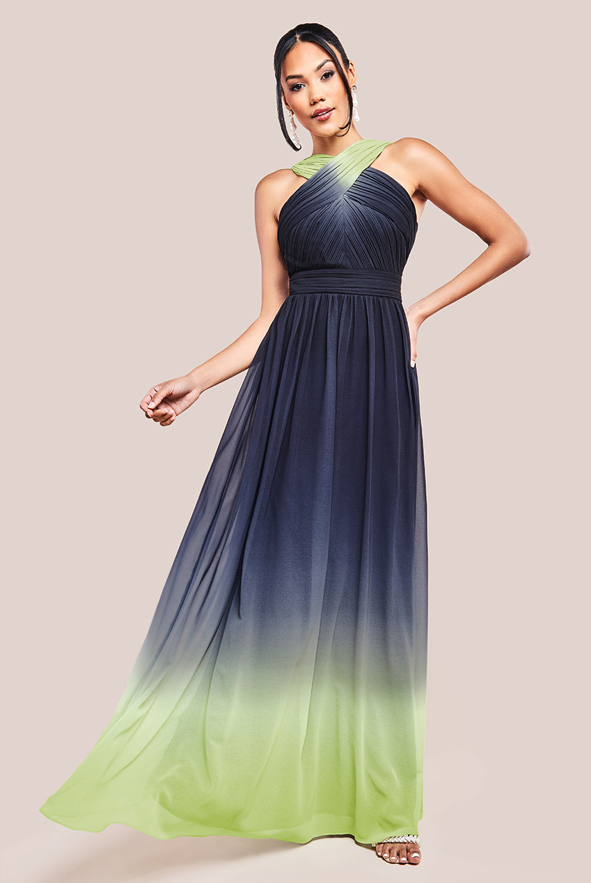 Ombre Cross Front Pleated Maxi Dress - Lime Ombre DR4188