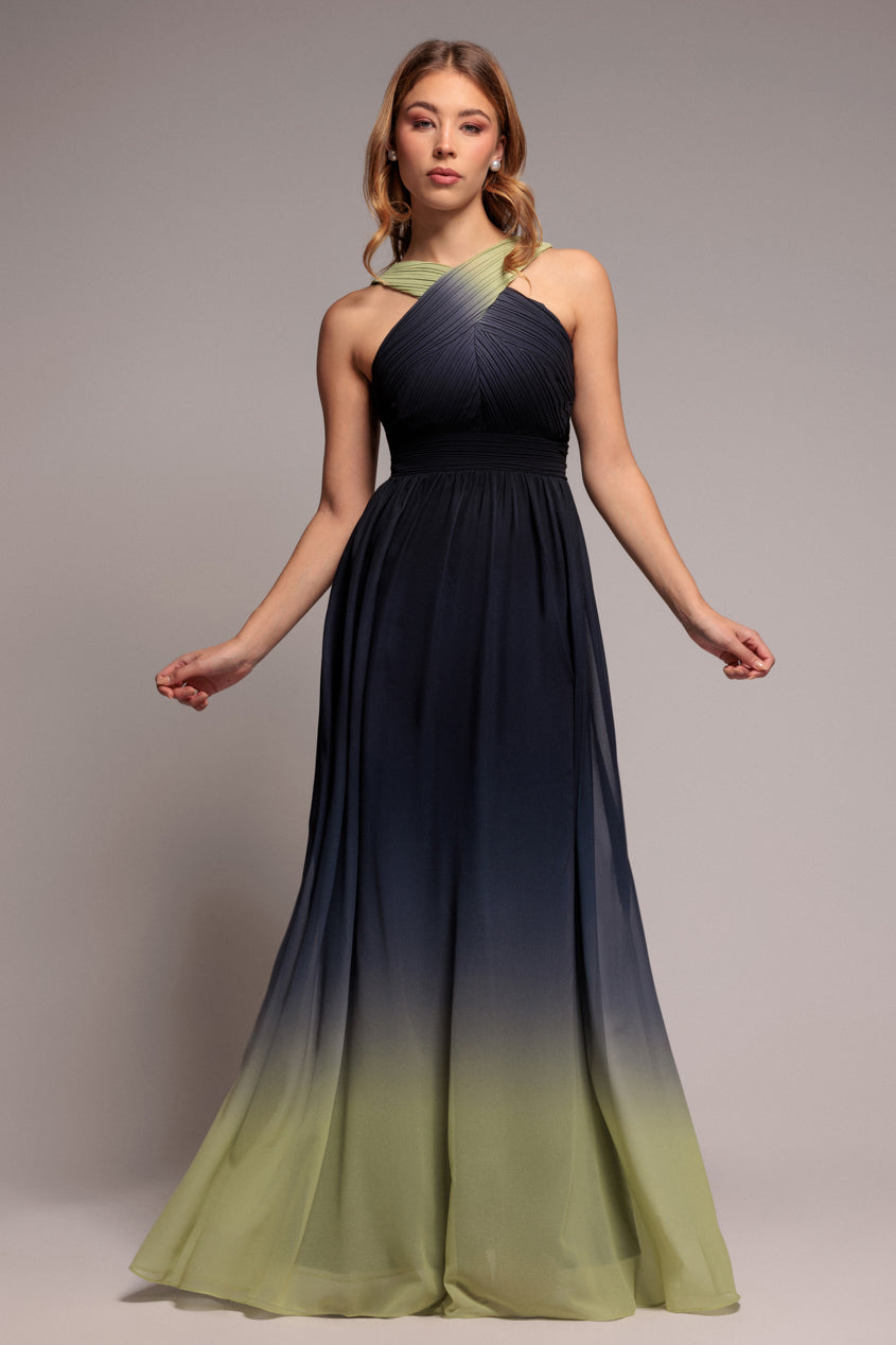 Ombre Cross Front Pleated Maxi Dress - Lime Ombre DR4188