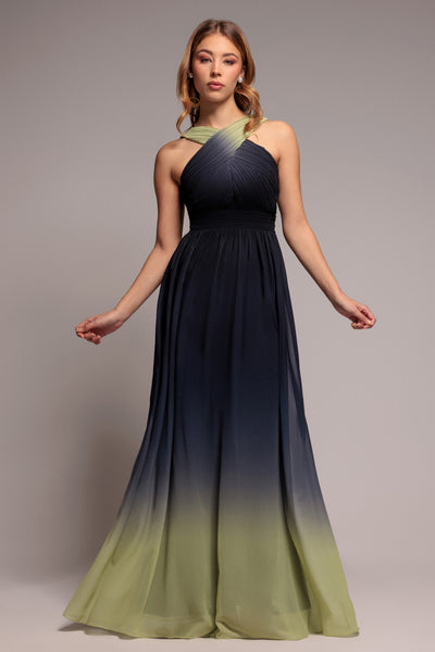 Lime Ombre - Ombre Cross Front Pleated Maxi Dress - Lime Ombre by Goddiva