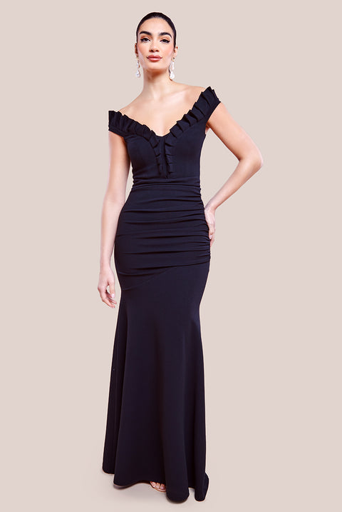 Off The Shoulder Frill Gathered Maxi Dress - Black DR4204