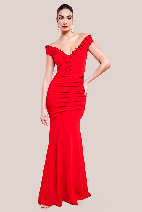 Off The Shoulder Frill Gathered Maxi Dress - Red by Goddiva