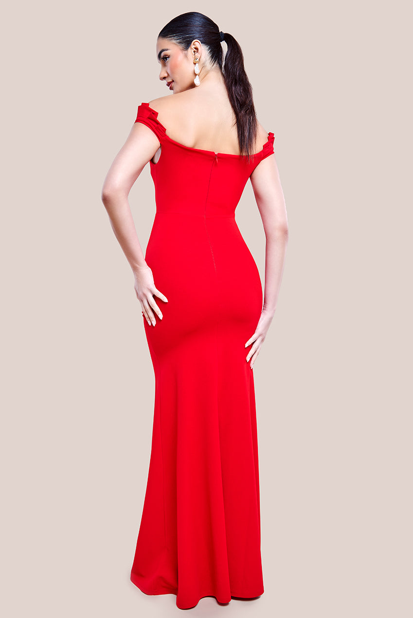 Off The Shoulder Frill Gathered Maxi Dress - Red DR4204