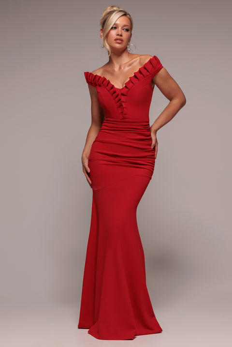 Off The Shoulder Frill Gathered Maxi Dress - Red by Goddiva