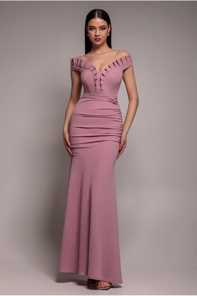 Rose Pink - Off The Shoulder Frill Gathered Maxi Dress - Rose Pink by Goddiva