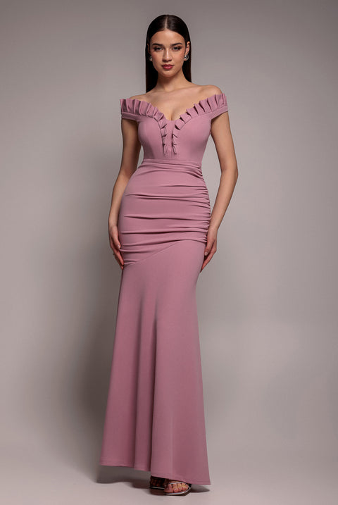 Off The Shoulder Frill Gathered Maxi Dress - Rose Pink by Goddiva