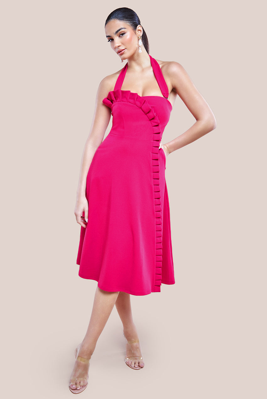 Frilled Halter Neck Strap Midi Dress - Magenta DR4205