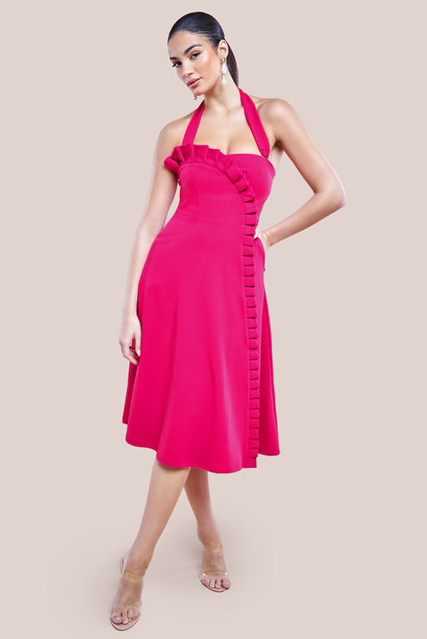 Frilled Halter Neck Strap Midi Dress - Magenta by Goddiva