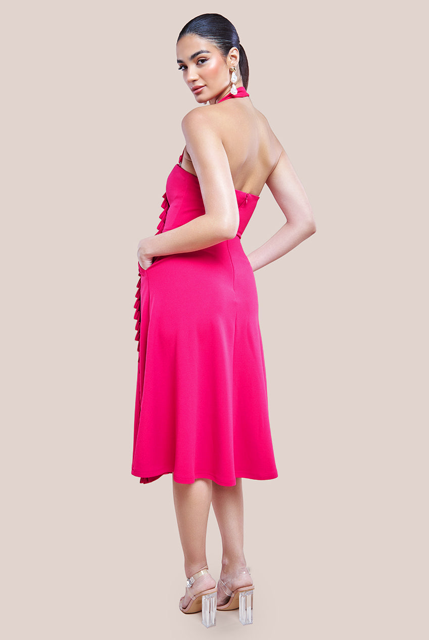 Frilled Halter Neck Strap Midi Dress - Magenta DR4205