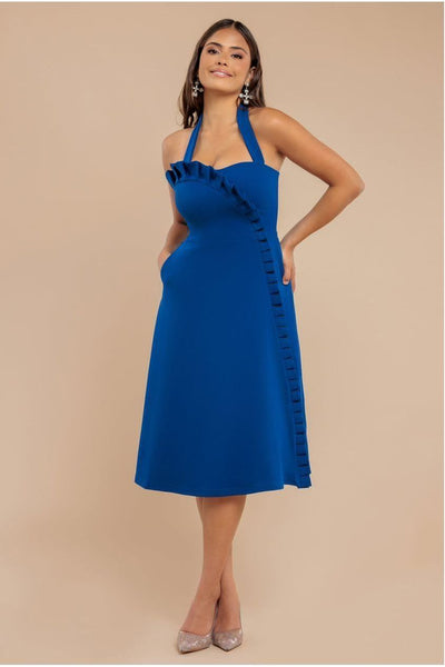 Royal Blue - Frilled Halter Neck Strap Midi Dress - Royal Blue by Goddiva