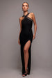 Ribbed Criss Cross Halter Neck Maxi Dress With Thigh Split - Black by Goddiva