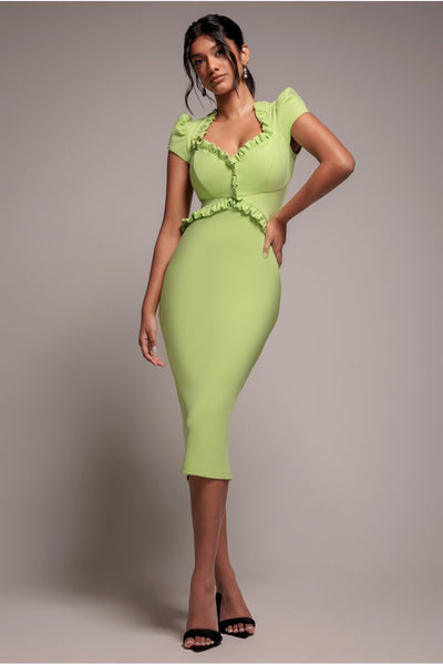 Cap Sleeve Frill Edge Midi Dress - Lime Green | Goddiva Cap Sleeve Frill Edge Midi Dress - Lime Green | Goddiva