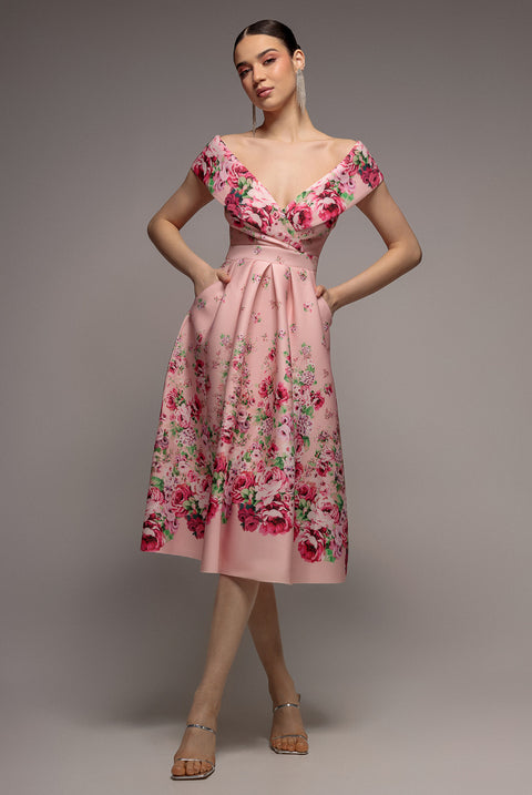 Bardot Floral Print A-Line Scuba Foam Midi Dress - Blush by Goddiva