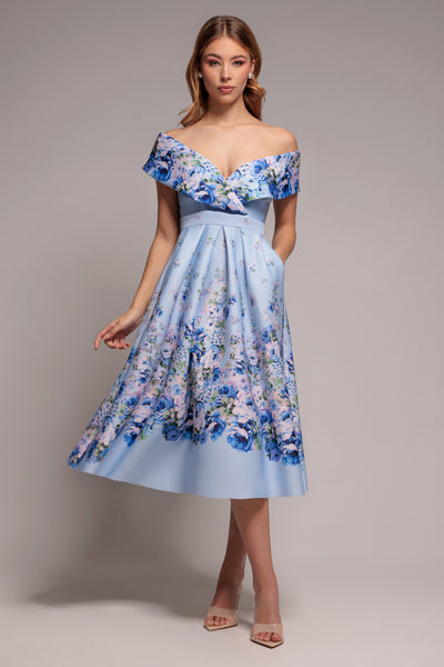 Blue - Bardot Floral Print A-Line Scuba Foam Midi Dress - Blue by Goddiva