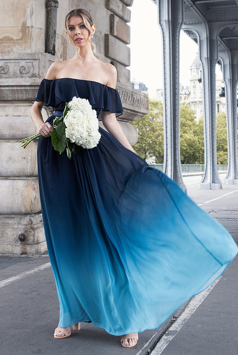 Ombre Chiffon Bardot Frill A-line Maxi Dress - Navy Ombre DR4238