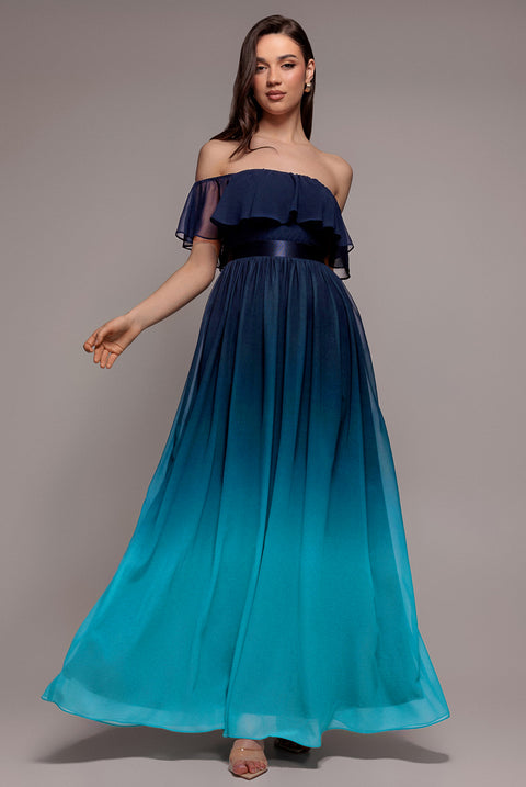 Ombre Chiffon Bardot Frill A-line Maxi Dress - Navy Ombre by Goddiva