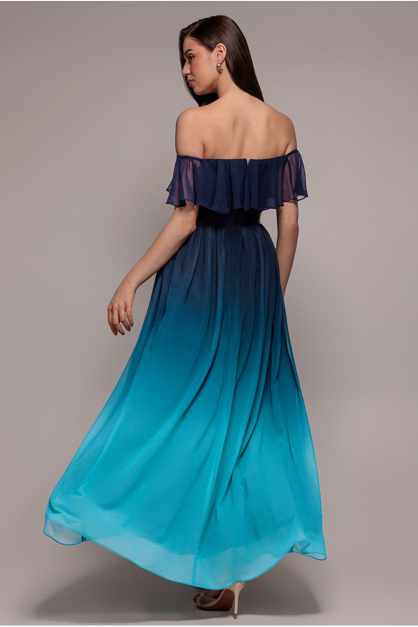 Ombre Chiffon Bardot Frill A-line Maxi Dress - Navy Ombre DR4238