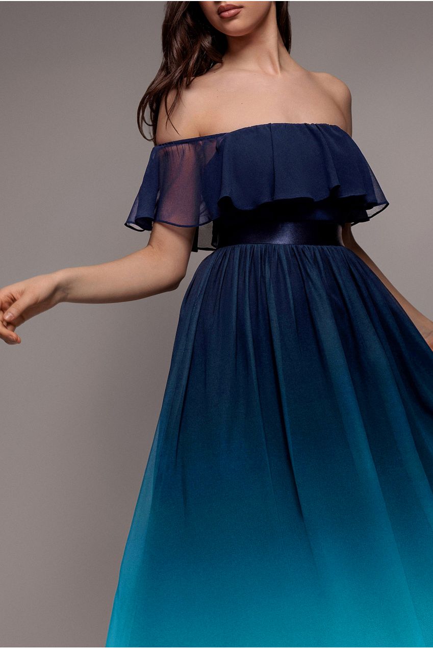 princess polly baby blue dress Ombre Chiffon Bardot Frill A-line Maxi Dress - Navy Ombre