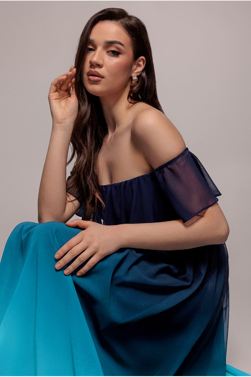 Ombre Chiffon Bardot Frill A-line Maxi Dress - Navy Ombre