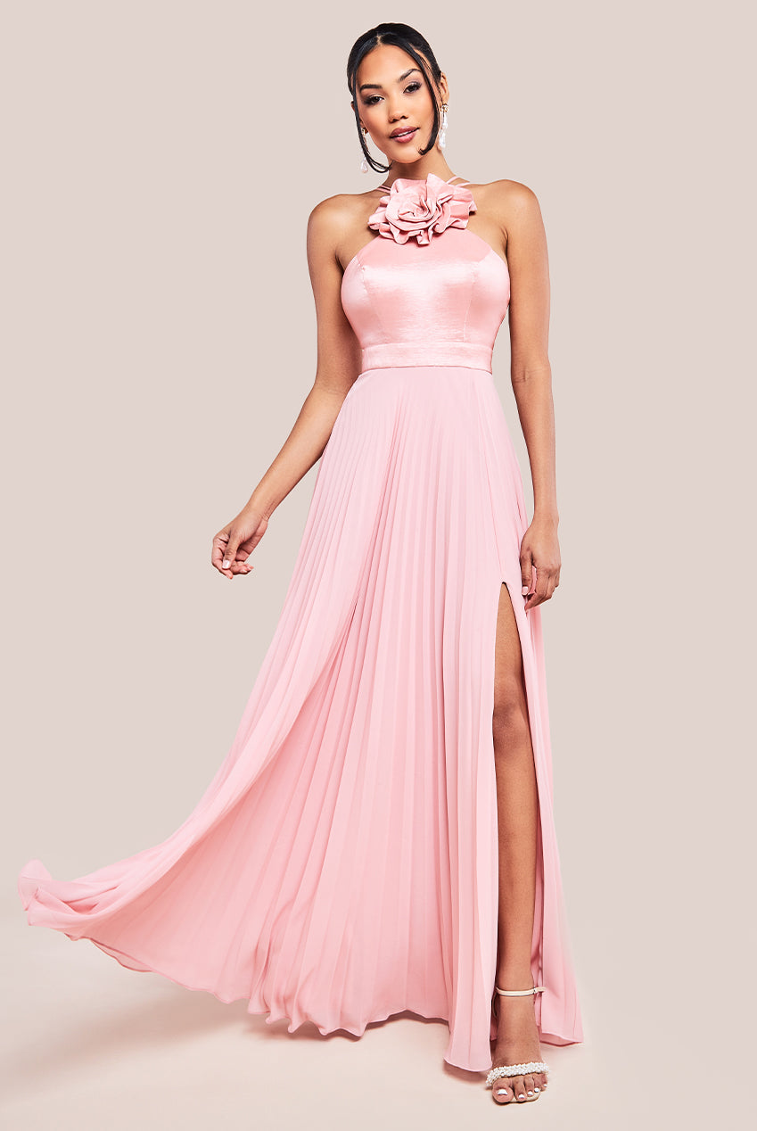 Pleated Chiffon Corsage Halter Strappy Maxi Dress - Pink DR4242