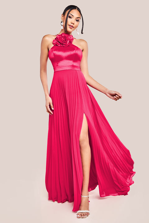 Pleated Chiffon Corsage Halter Strappy Maxi Dress - Magenta DR4242