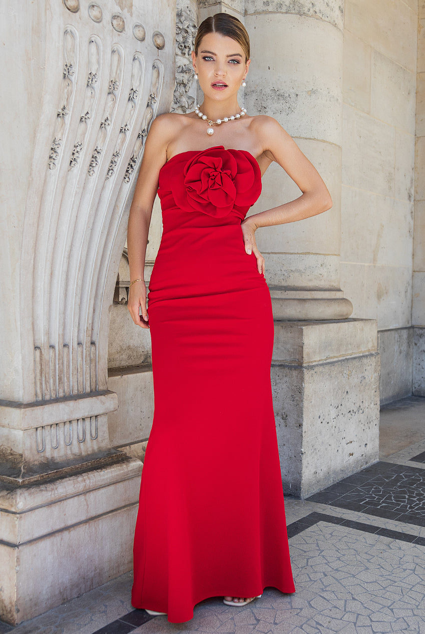 Scuba Crepe Bandeau Rose Maxi Dress - Red DR4243