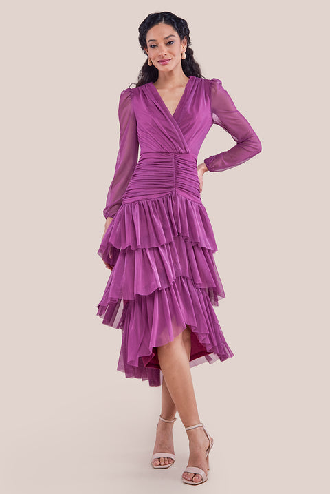 Gathered High & Low Tiered Midaxi Dress - Berry DR4262QZ