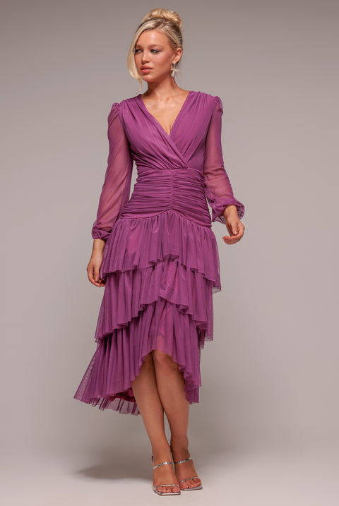Gathered High & Low Tiered Midaxi Dress - Berry by Goddiva