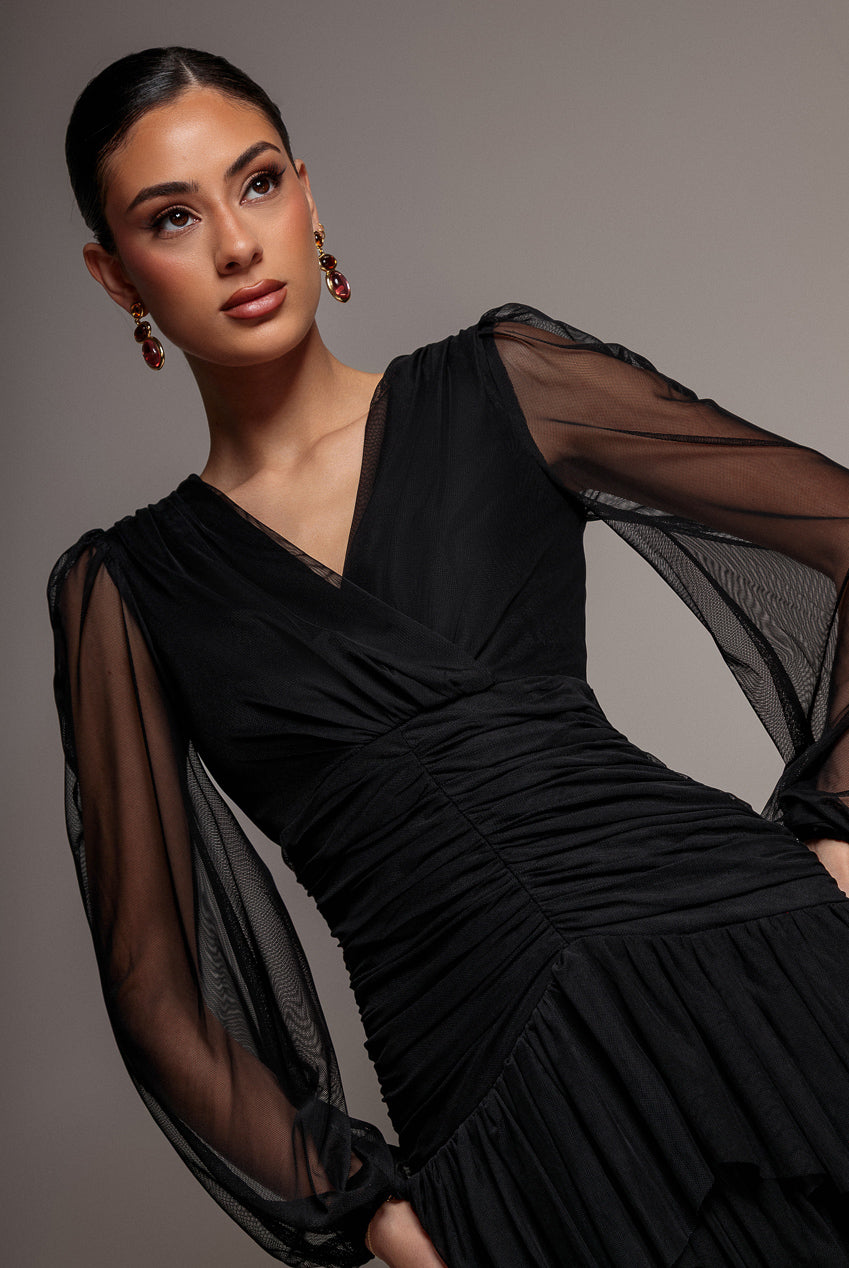 Gathered High & Low Tiered Midi Dress - Black DR4262