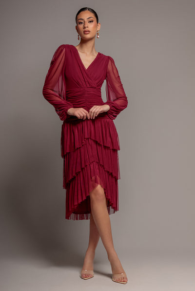 Gathered High & Low Tiered Midi Dress - Magenta by Goddiva