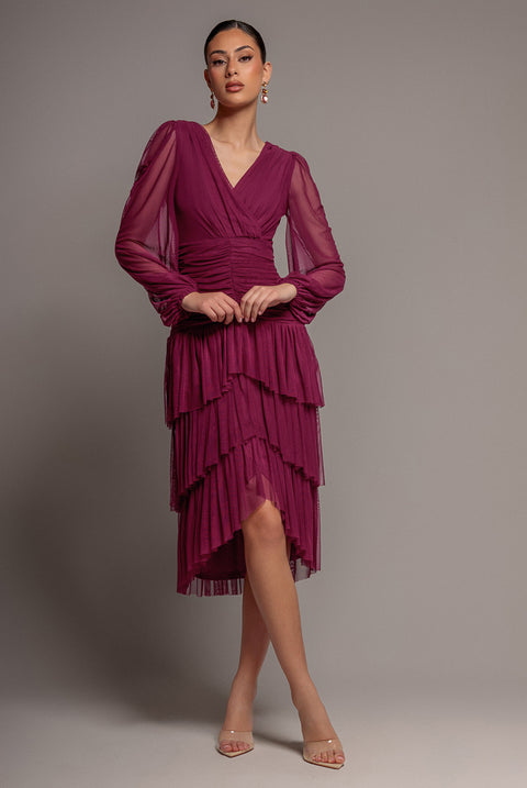Gathered High & Low Tiered Midi Dress - Magenta by Goddiva
