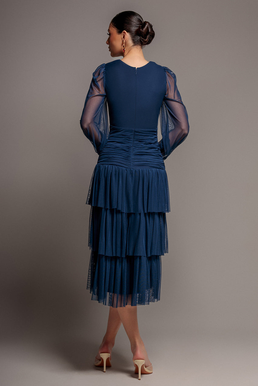Gathered High & Low Tiered Midi Dress - Navy Blue DR4262