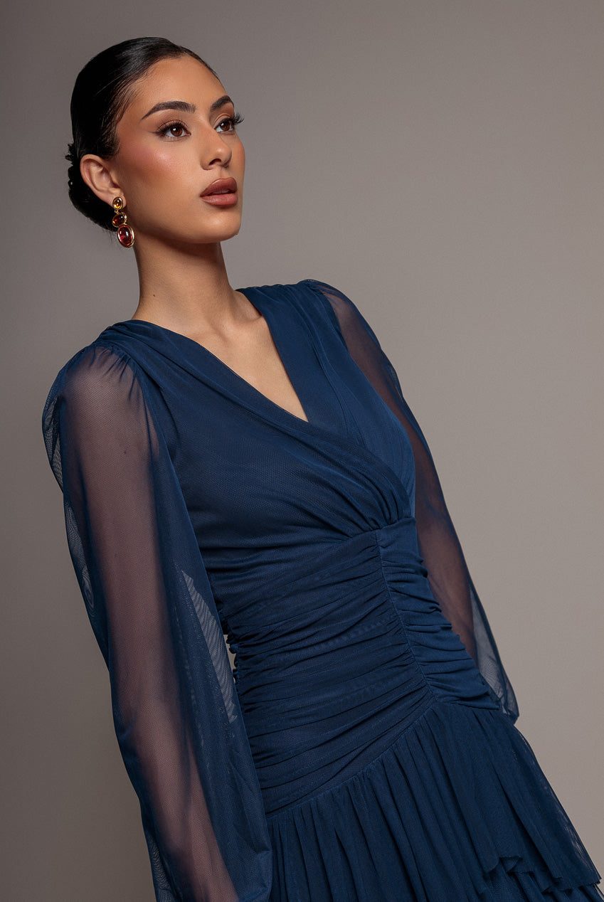 Gathered High & Low Tiered Midi Dress - Navy Blue DR4262