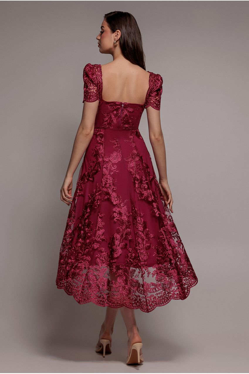 Scalloped Neck Embroidered Lace High Low Midi Dress - Burgundy DR4265